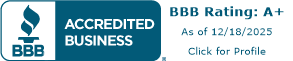 BBB Accredited Business logo with text stating "BBB Rating: A+ as of 12/18/2025. Click for Profile.